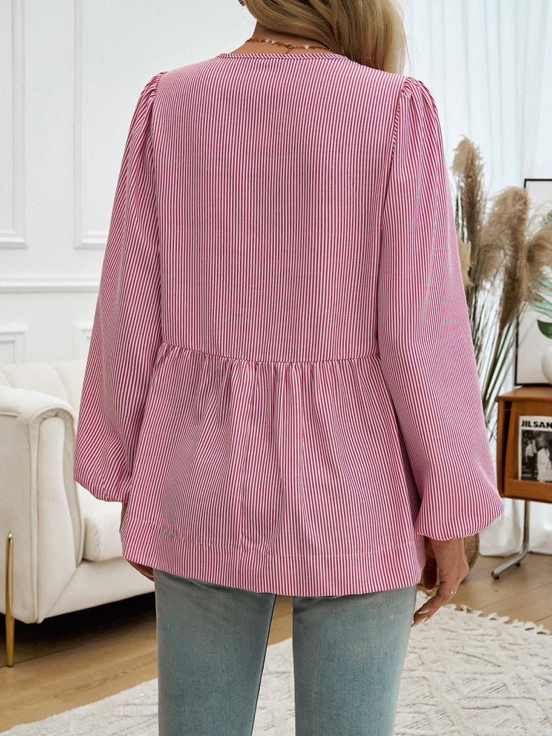 Striped Peplum Top with Tie Neck Detail