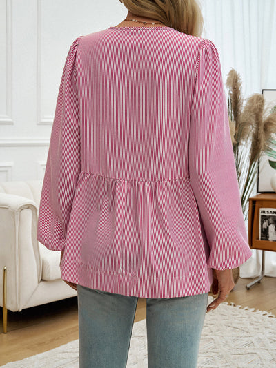 Striped Peplum Top with Tie Neck Detail