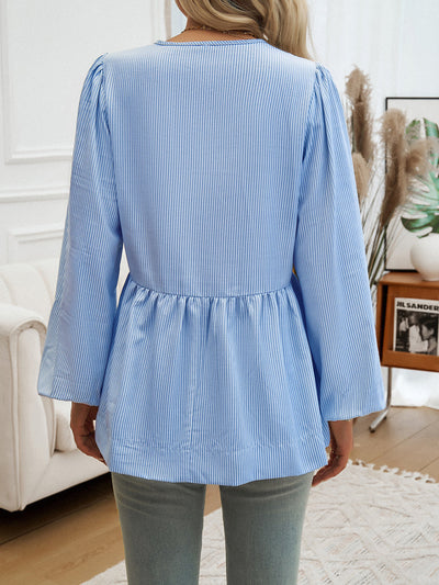 Striped Peplum Top with Tie Neck Detail
