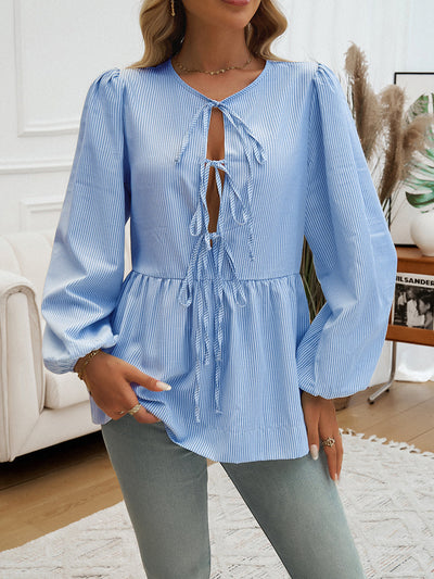 Striped Peplum Top with Tie Neck Detail
