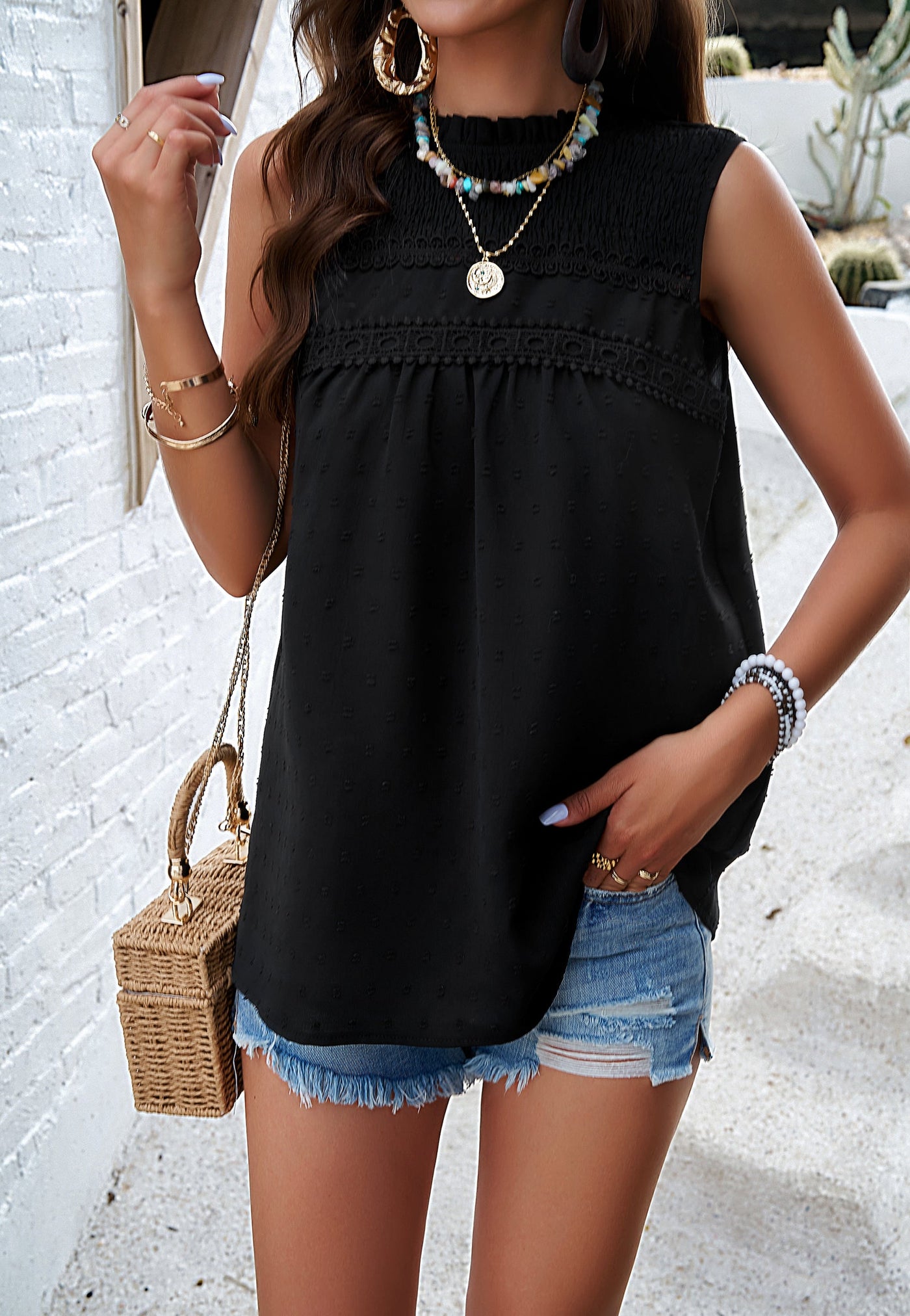 Dobby Textured Sleeveless Blouse with Tie Neck