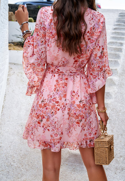 Floral Chiffon Wrap Dress with Ruffle Hem