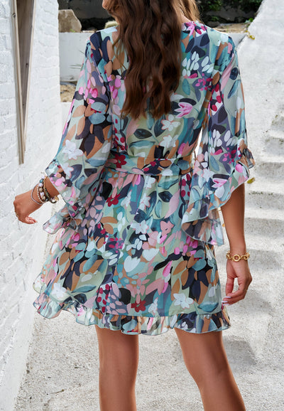 Floral Chiffon Wrap Dress with Ruffle Hem