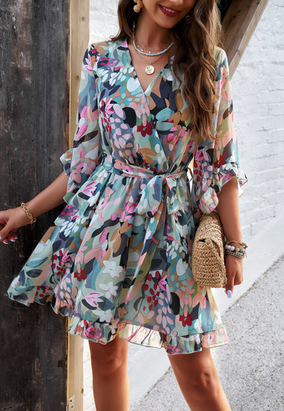 Floral Chiffon Wrap Dress with Ruffle Hem
