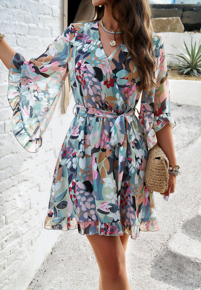 Floral Chiffon Wrap Dress with Ruffle Hem