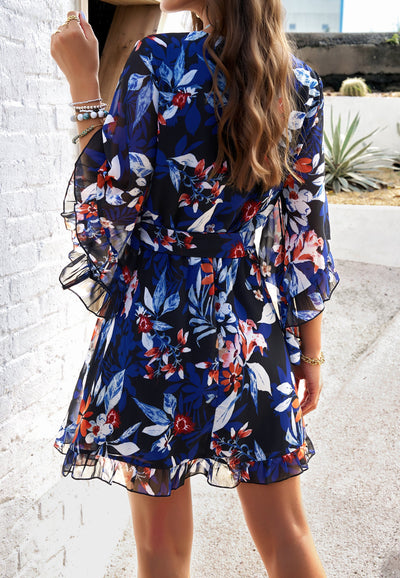 Floral Chiffon Wrap Dress with Ruffle Hem