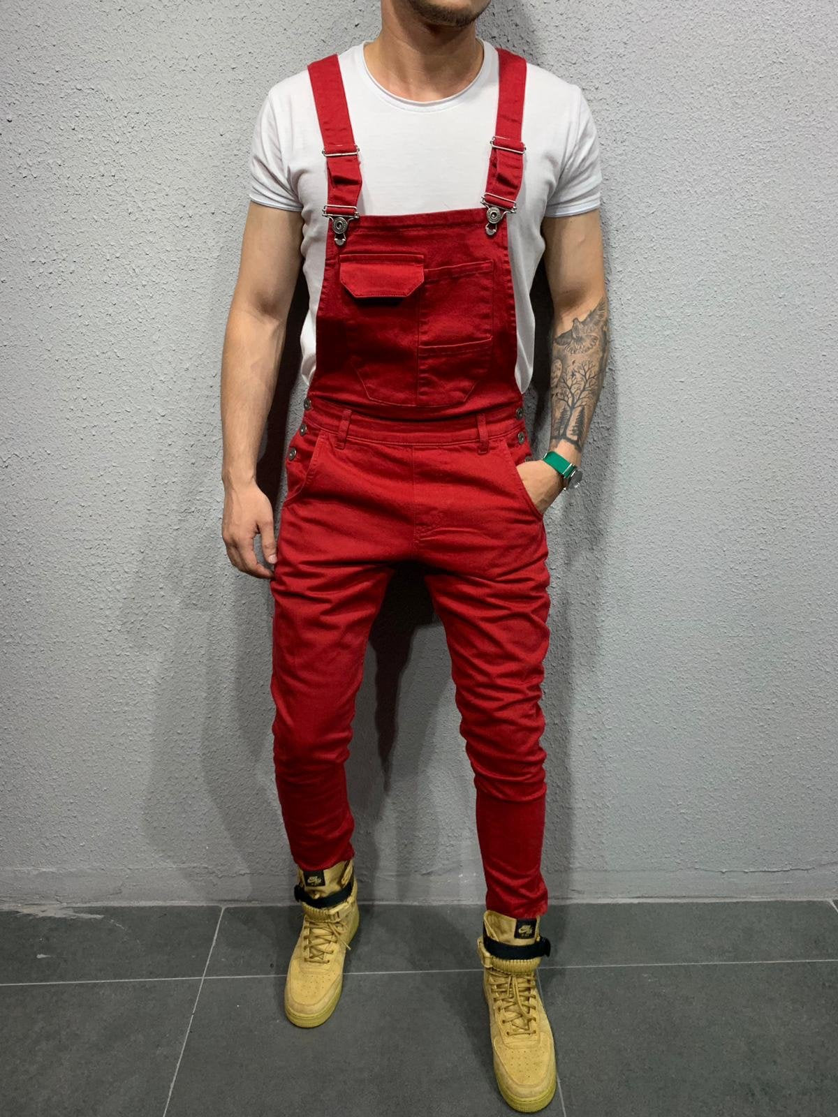 Men's Skinny Fit Flap Pocket Denim Overalls