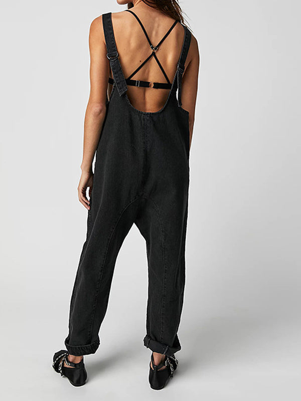 V-neck Suspender Denim Jumpsuit