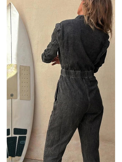 Women's Button-Front Relaxed Denim Jumpsuit