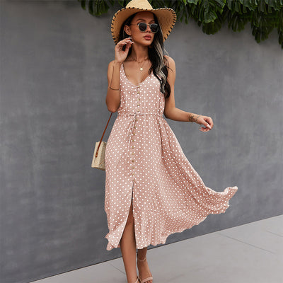 Polka Dot Button-Front Spaghetti Strap Midi Dress