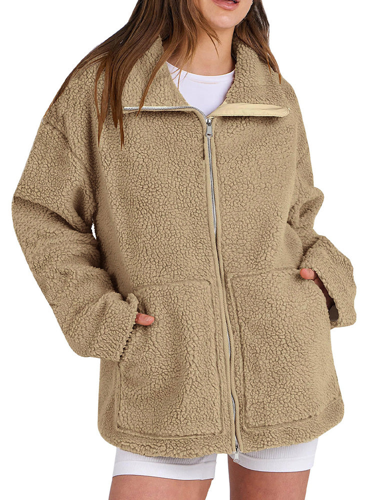 Chaqueta acogedora de polar sherpa con cremallera para mujer