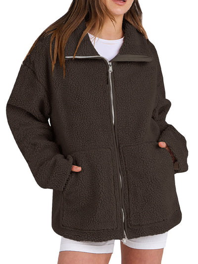 Chaqueta acogedora de polar sherpa con cremallera para mujer