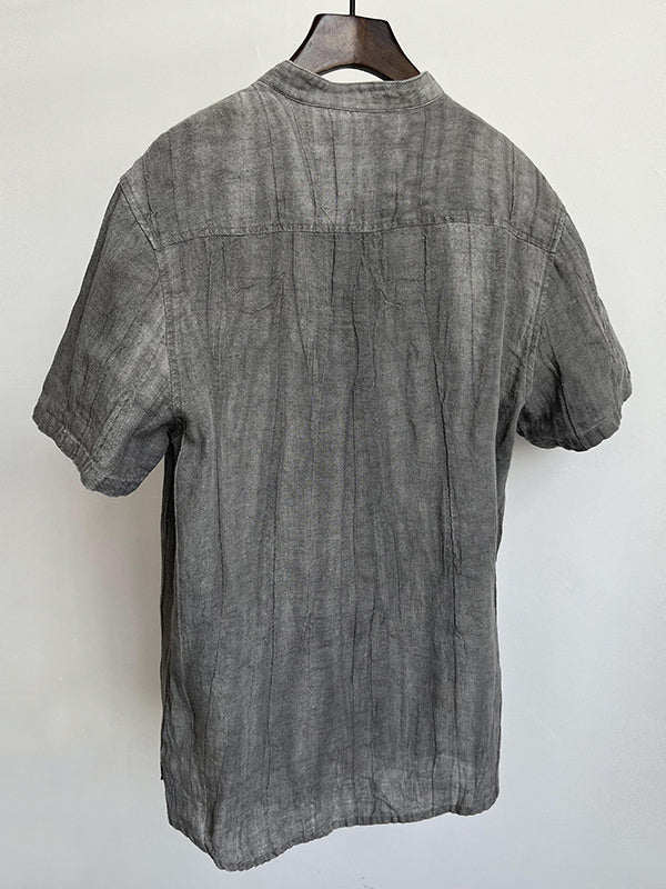 Men's 100% Linen Stand Collar Half Sleeve T-Shirt