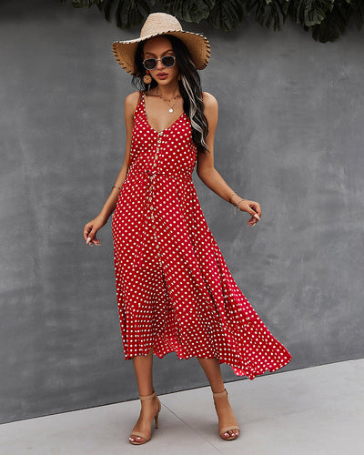 Polka Dot Button-Front Spaghetti Strap Midi Dress