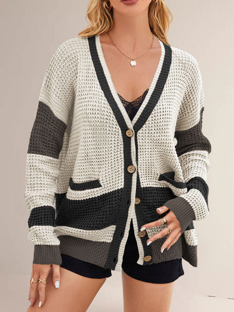 Women's Color-Block Waffle-Knit Acrylic Cardigans