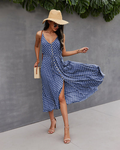 Polka Dot Button-Front Spaghetti Strap Midi Dress