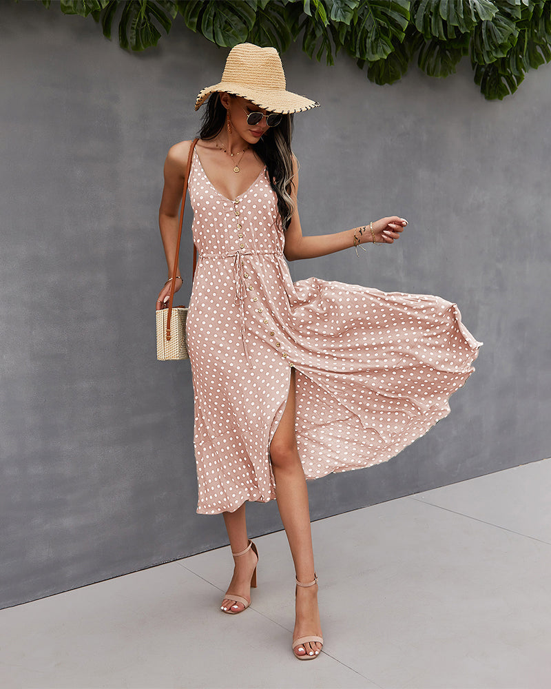 Polka Dot Button-Front Spaghetti Strap Midi Dress