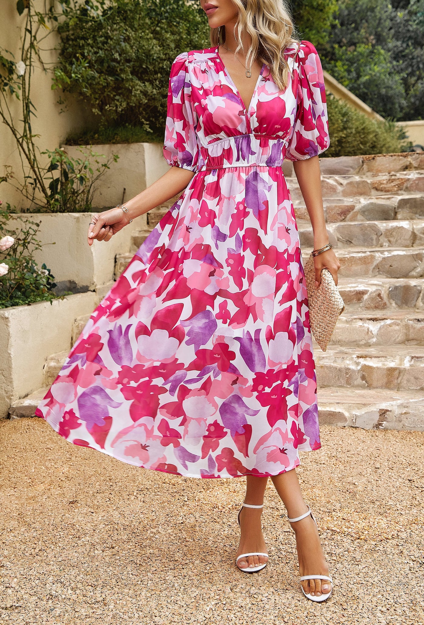 Geometric Puff Sleeve Midi Dress with Elastic Waist