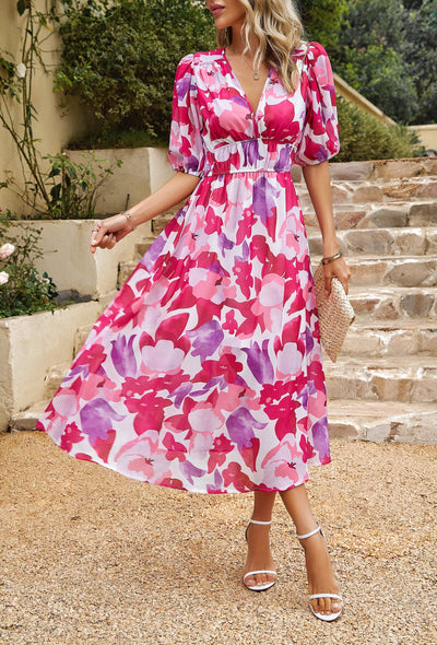 Geometric Puff Sleeve Midi Dress with Elastic Waist