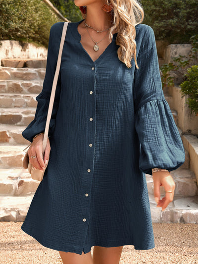 Casual Button-Front Long Sleeve Cotton Dress