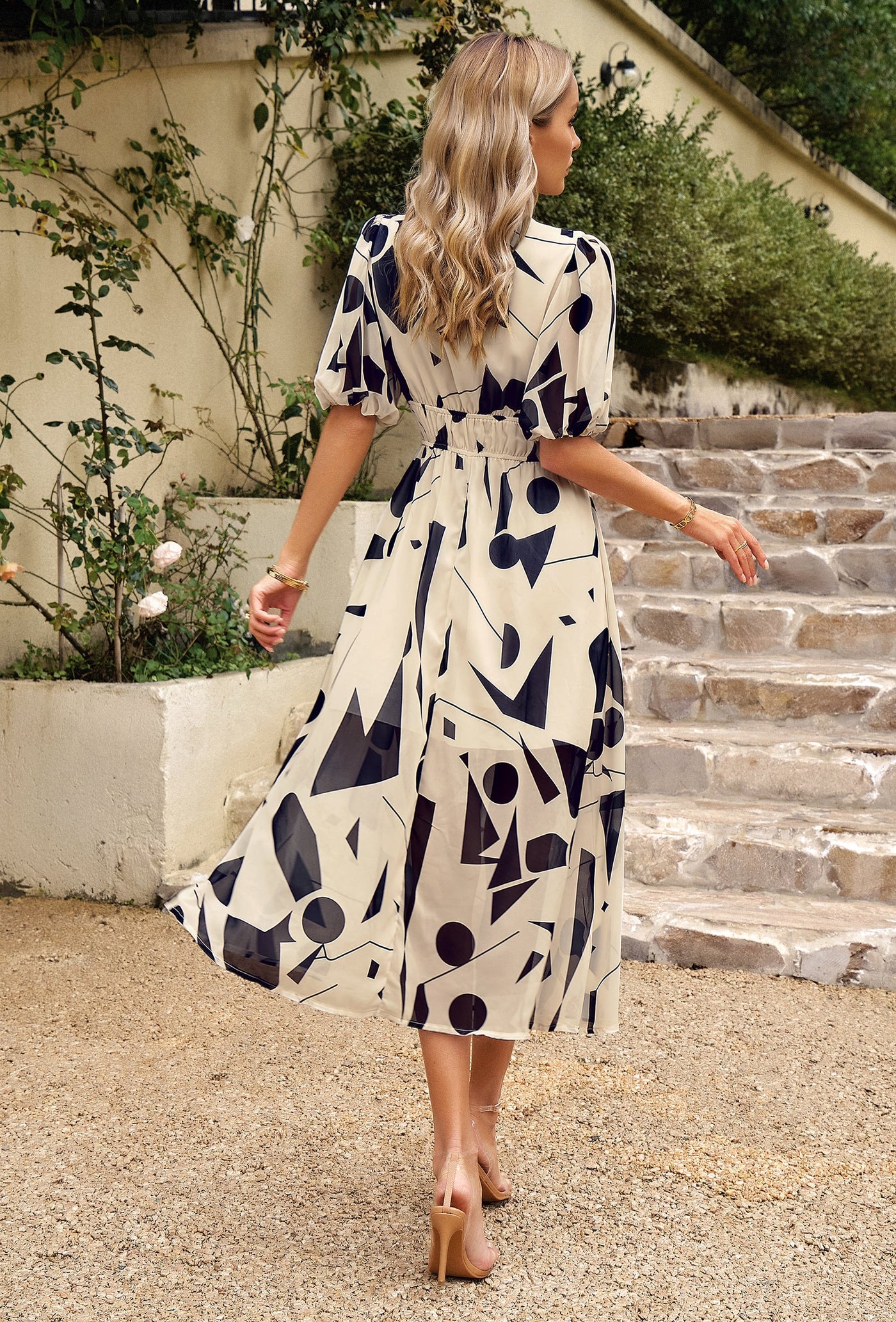 Geometric Puff Sleeve Midi Dress with Elastic Waist