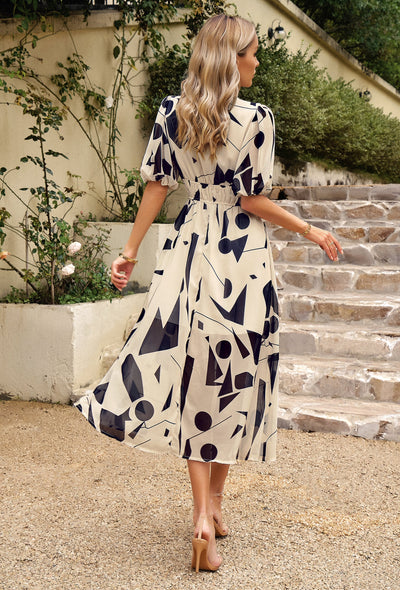 Geometric Puff Sleeve Midi Dress with Elastic Waist