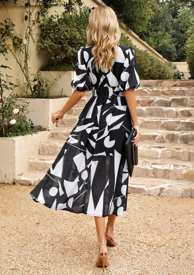 Geometric Puff Sleeve Midi Dress with Elastic Waist