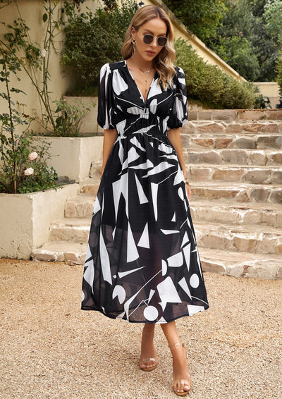 Geometric Puff Sleeve Midi Dress with Elastic Waist