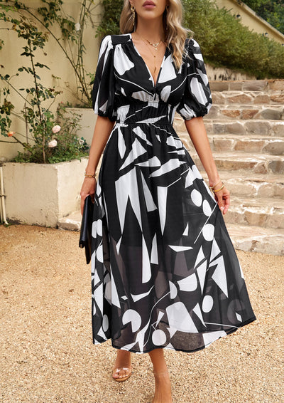 Geometric Puff Sleeve Midi Dress with Elastic Waist