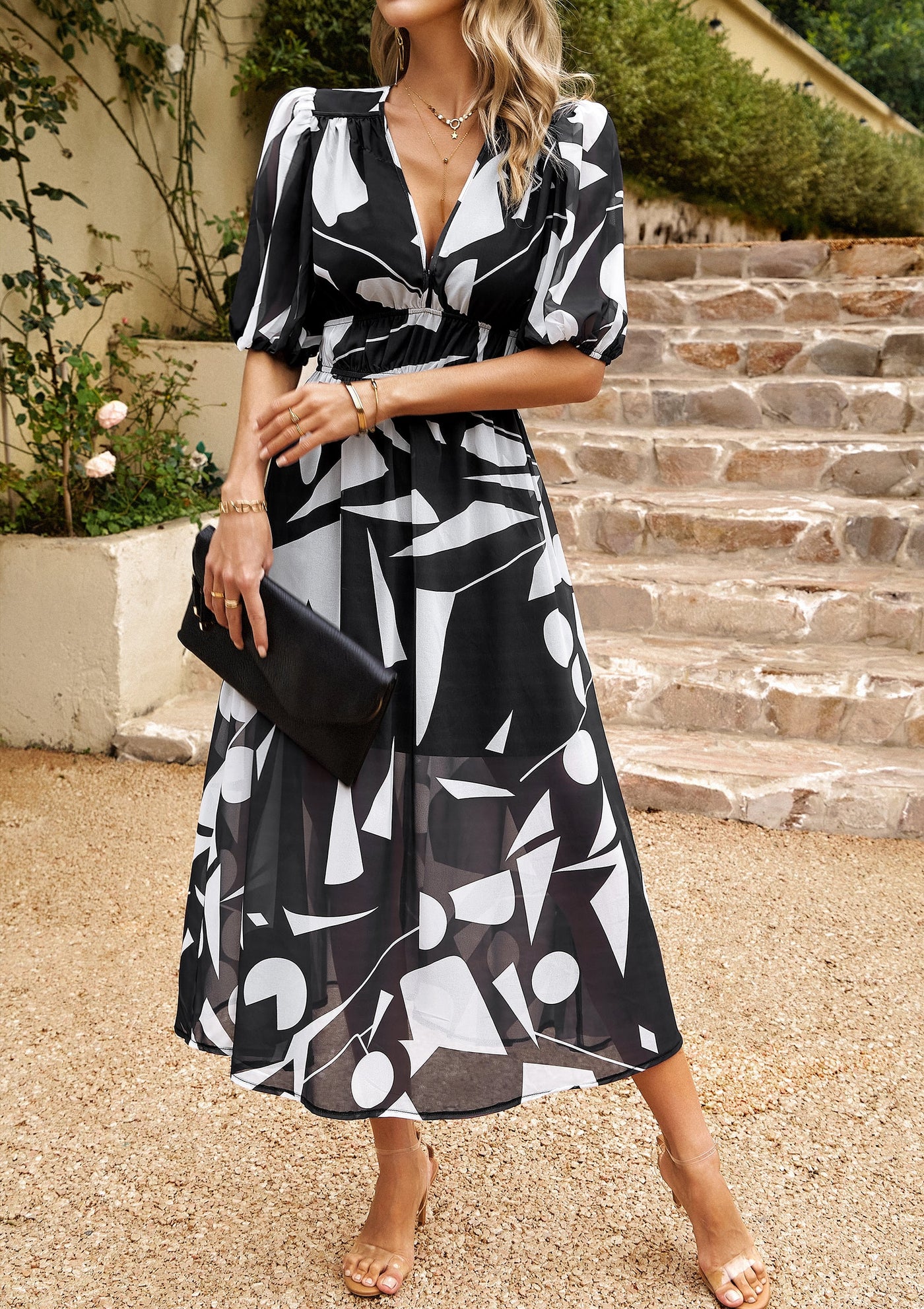 Geometric Puff Sleeve Midi Dress with Elastic Waist