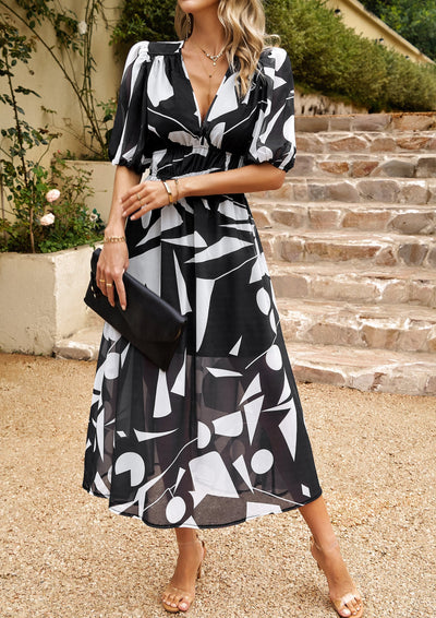 Geometric Puff Sleeve Midi Dress with Elastic Waist