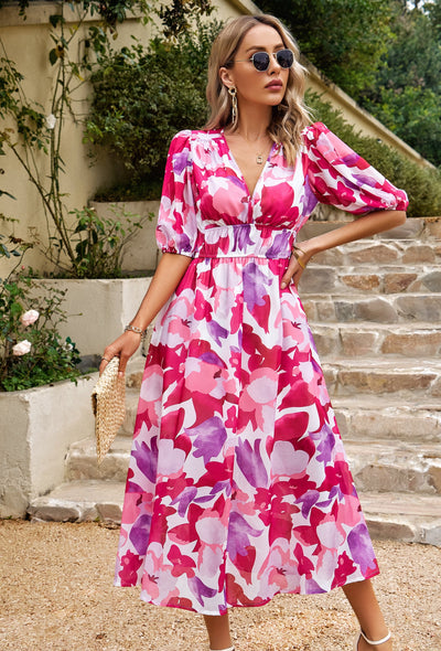 Geometric Puff Sleeve Midi Dress with Elastic Waist