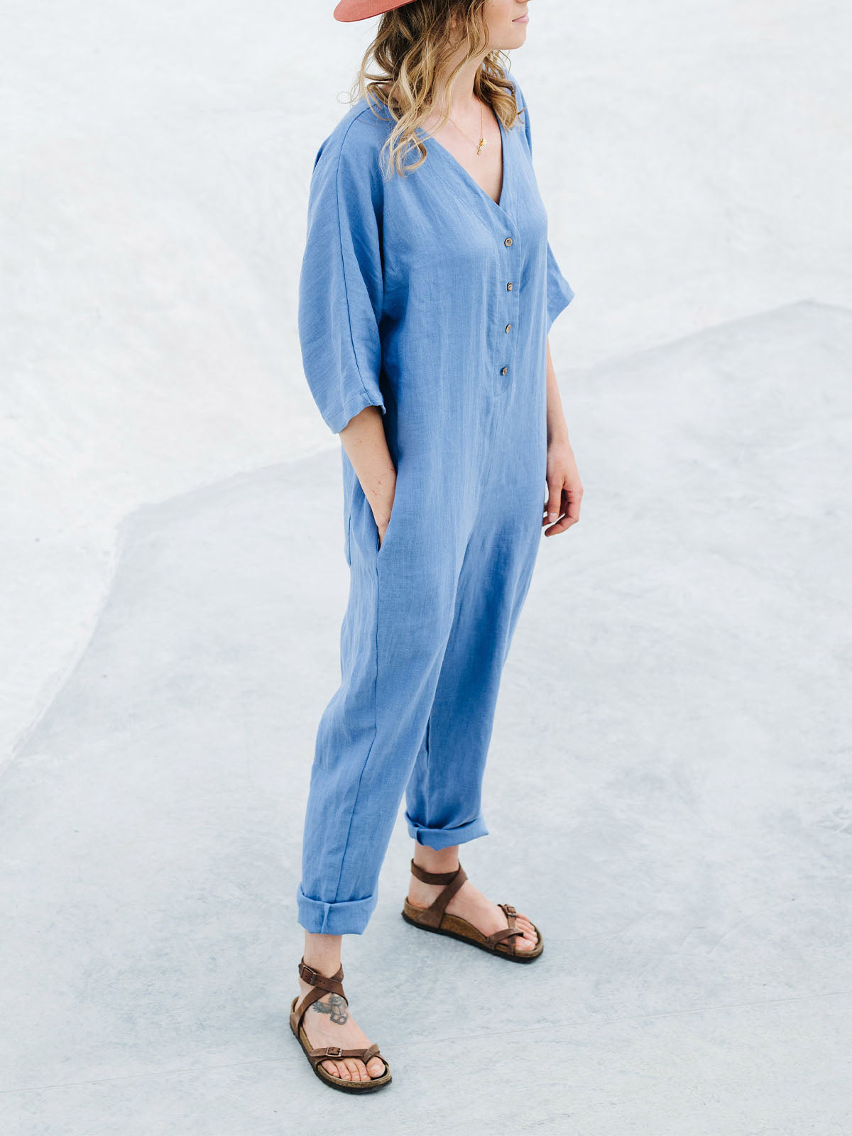 Women's Button Up Half Sleeve V Neck Cotton and Linen Jumpsuit