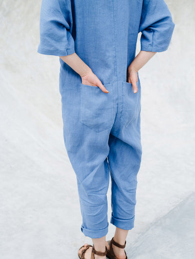 Women's Button Up Half Sleeve V Neck Cotton and Linen Jumpsuit