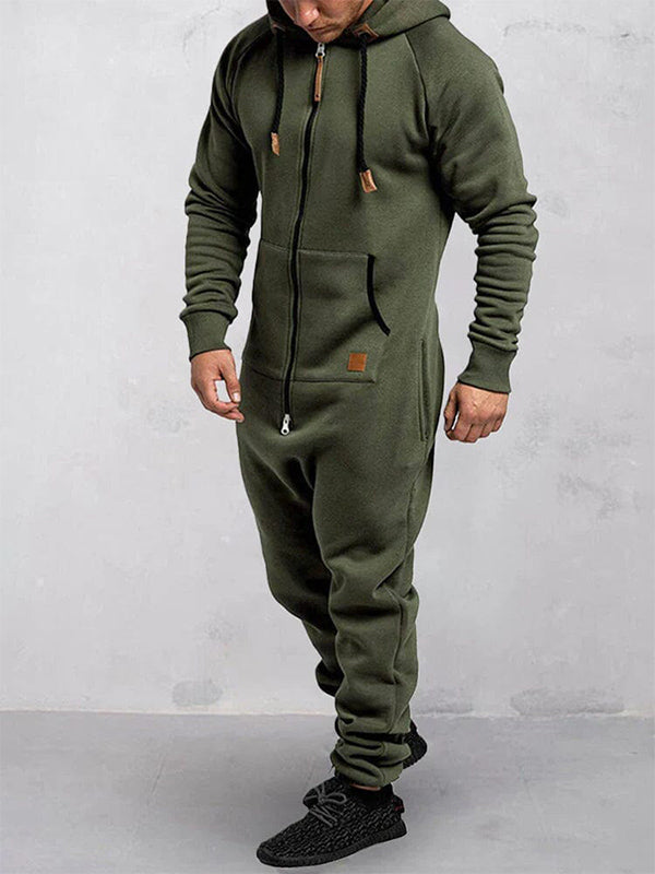 Hooded Fleece Zipper Solid Color Jumpsuit