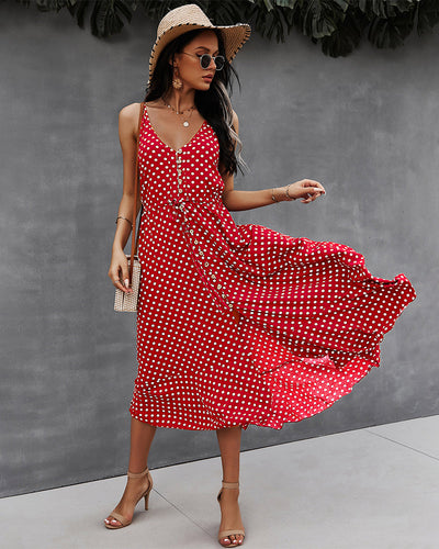 Polka Dot Button-Front Spaghetti Strap Midi Dress