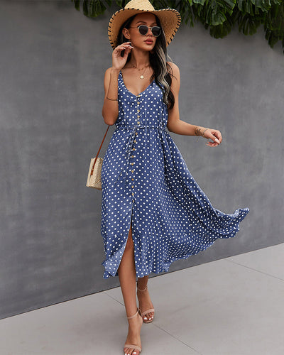 Polka Dot Button-Front Spaghetti Strap Midi Dress
