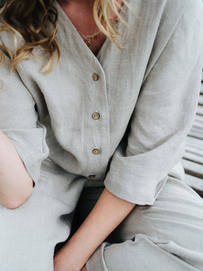 Women's Button Up Half Sleeve V Neck Cotton and Linen Jumpsuit