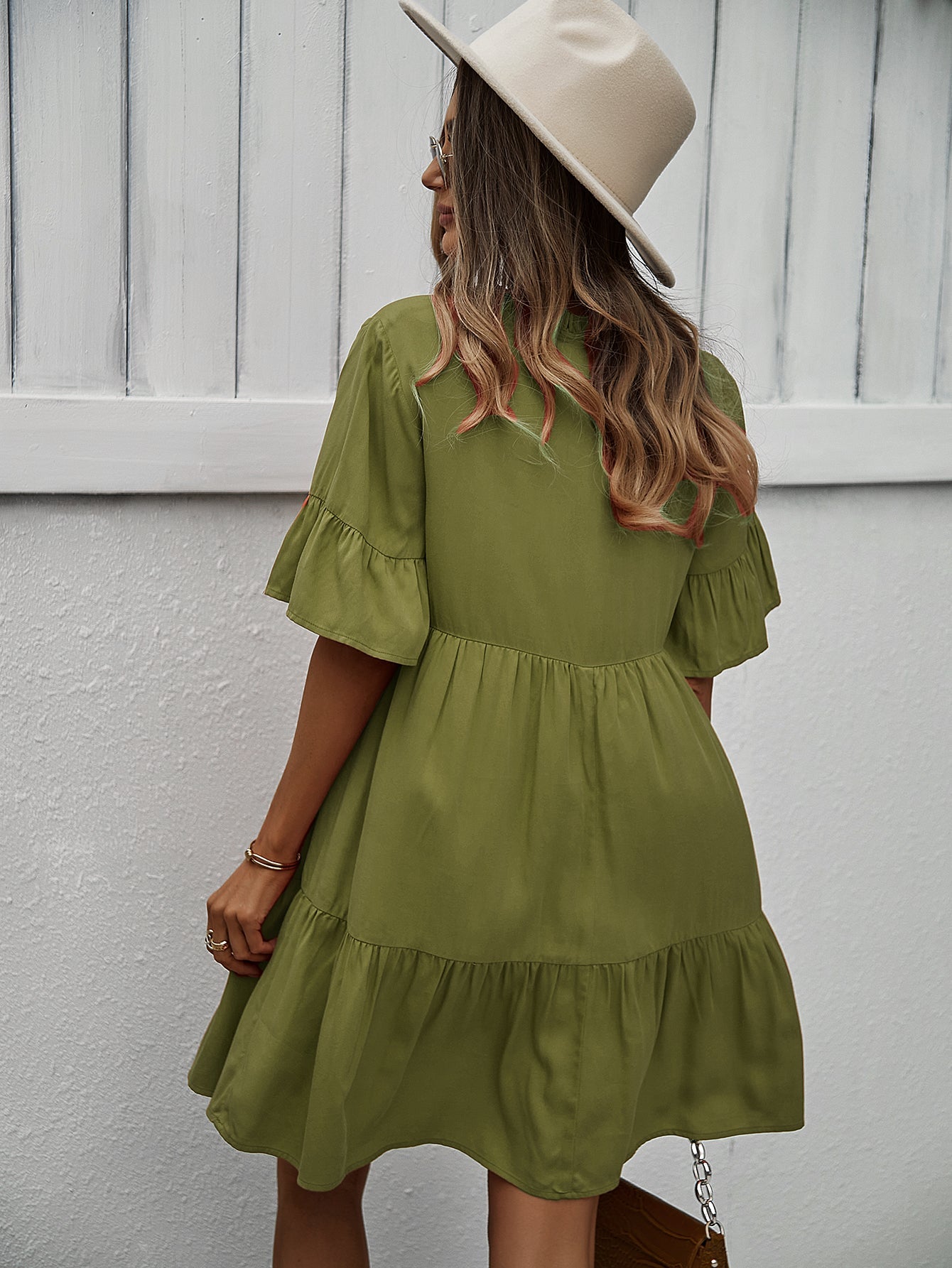 Button-Down Ruffle Sleeve Tiered Dress