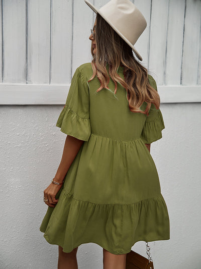 Button-Down Ruffle Sleeve Tiered Dress