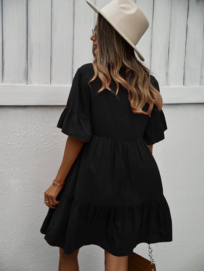 Button-Down Ruffle Sleeve Tiered Dress