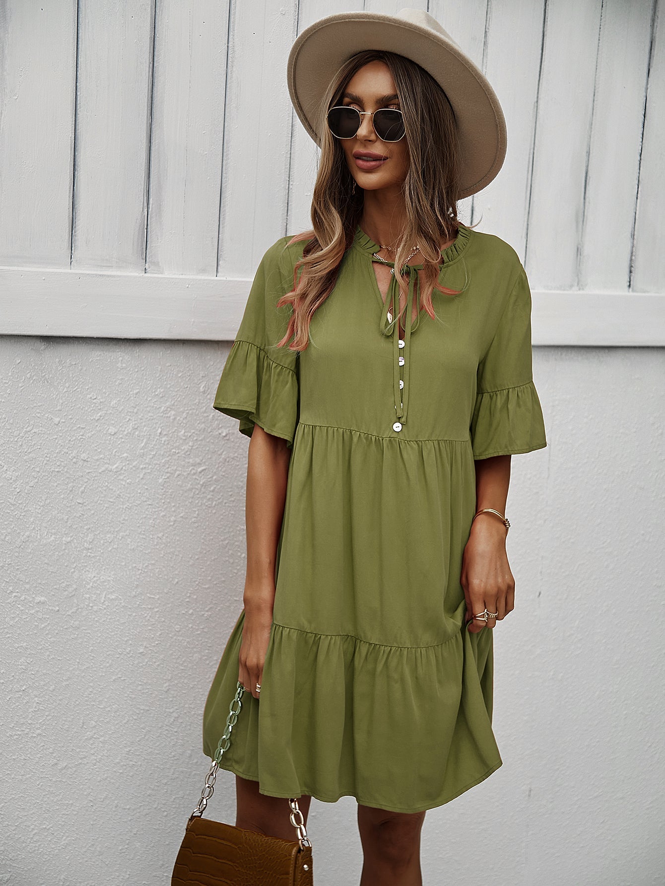 Button-Down Ruffle Sleeve Tiered Dress