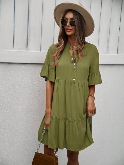 Button-Down Ruffle Sleeve Tiered Dress
