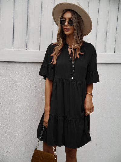 Button-Down Ruffle Sleeve Tiered Dress