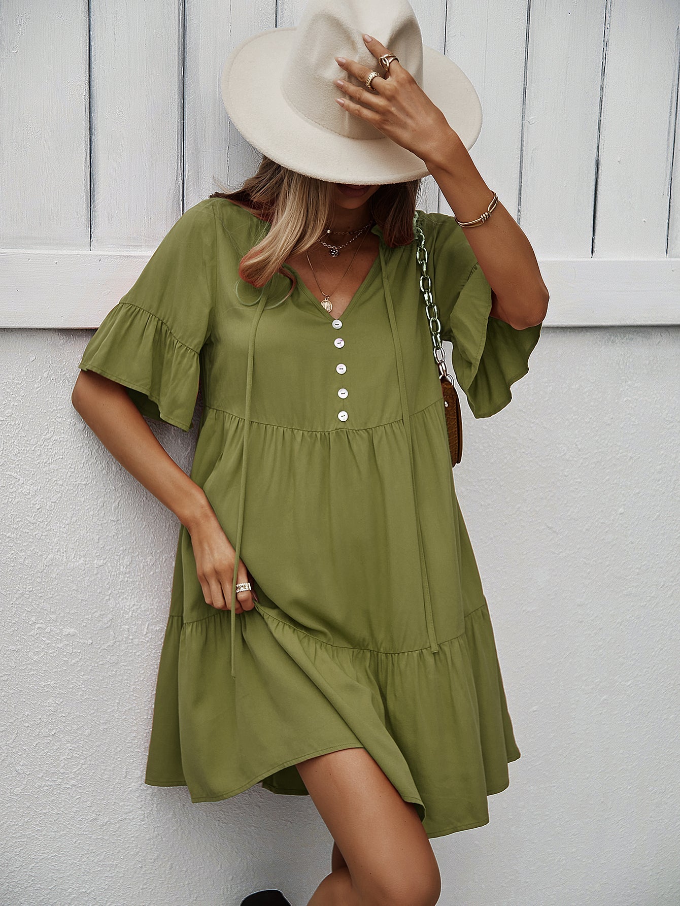 Button-Down Ruffle Sleeve Tiered Dress