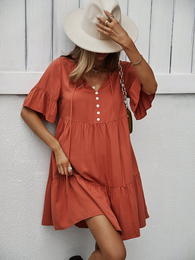 Button-Down Ruffle Sleeve Tiered Dress