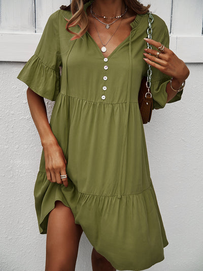Button-Down Ruffle Sleeve Tiered Dress