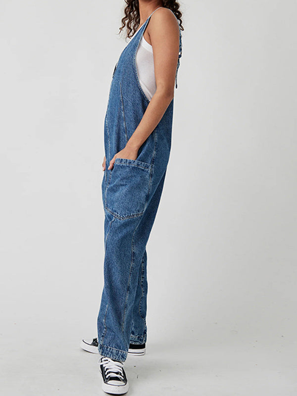 V-neck Suspender Denim Jumpsuit