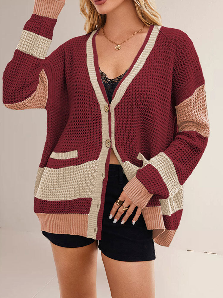 Women's Color-Block Waffle-Knit Acrylic Cardigans