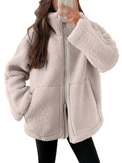 Chaqueta acogedora de polar sherpa con cremallera para mujer